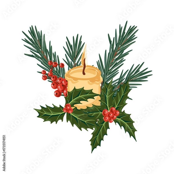 Fototapeta vector drawing Christmas composition, candle and fir branch with green needles and holly leaves and red berries, hand drawn illustration