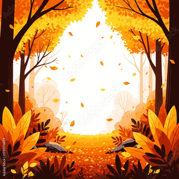 Fototapeta Vibrant autumn forest background with a clear central copy space, perfect for seasonal designs. Experience the beauty of fall with colorful trees, golden leaves, and a serene natural backdrop