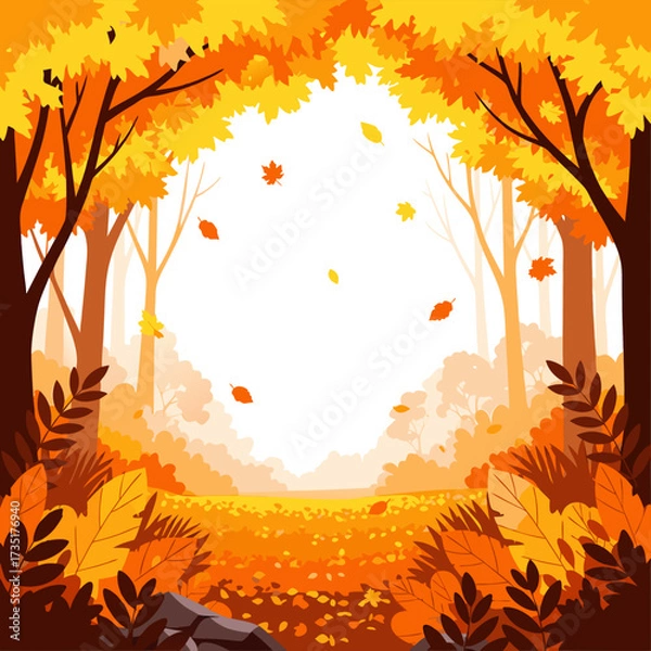 Fototapeta Vibrant autumn forest landscape with falling leaves, a beautiful fall season background illustration featuring warm colors and an empty central space for your design
