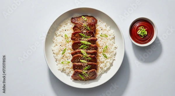 Fototapeta Grilled meat slices on white rice with sesame and green onion, served with sauce