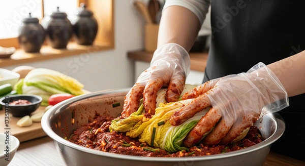 Fototapeta Making traditional spicy kimchi with fresh napa cabbage and chili paste in kitchen