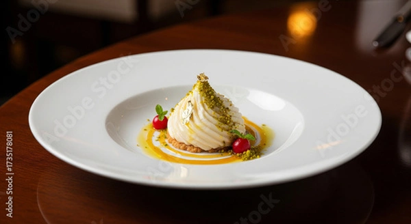 Fototapeta Dessert with cream and red berries on white plate with wooden table
