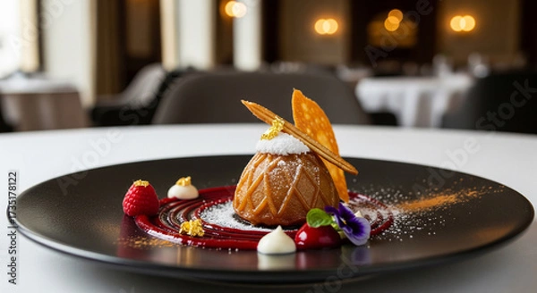 Fototapeta Elegant plated dessert with raspberry, cream, and decorative edible gold in fine dining setting