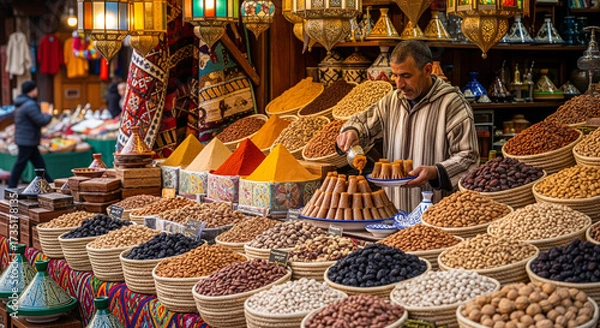 Fototapeta Moroccan market with colorful spices and nuts displayed baskets and vendor serving traditional