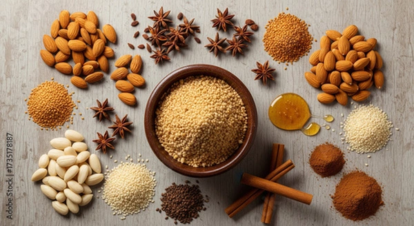 Fototapeta Roasted almond, star anise, cinnamon stick, and honey with various seeds and spices wooden table