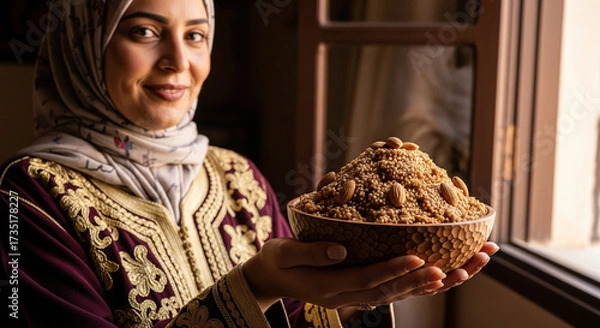 Fototapeta Traditional dessert with almond nuts held by woman in embroidered dress smiling warmly