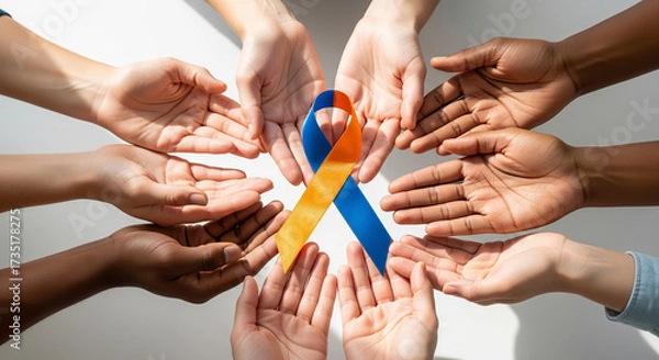 Fototapeta Awareness ribbon held by diverse hands symbolizing support and unity for cause
