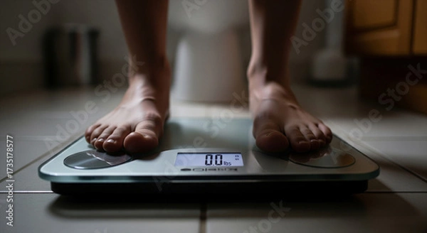 Fototapeta Person standing on digital scale showing zero weight on tiled floor