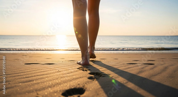Fototapeta Bare feet walking on sandy beach with ocean and sunset creating peaceful mood