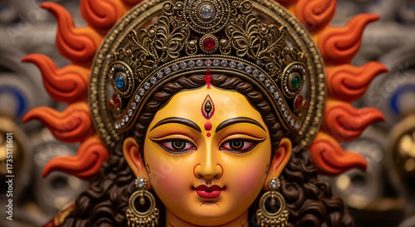 Fototapeta Hindu goddess statue with ornate crown and vibrant orange sun rays glowing behind