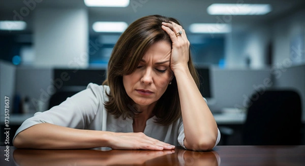Fototapeta Woman stressed at office desk with headache and tired expression