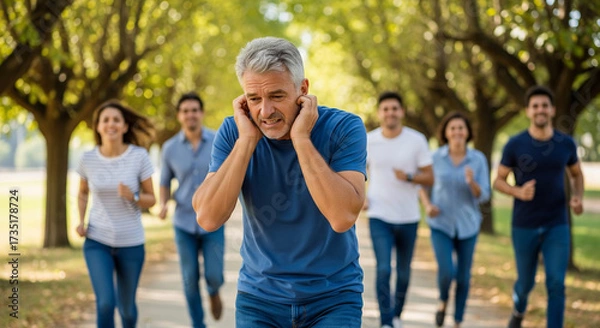 Fototapeta Man covering ears while running with group in park, showing discomfort and stress