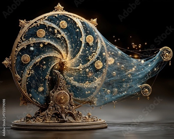 Fototapeta Ornate spinning wheel with golden thread floating in magical spirals