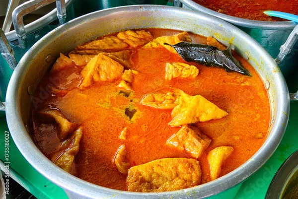 Fototapeta A pot of Indonesian curry with tofu pieces simmered in rich coconut milk and turmeric-based spices, creating a savory and vibrant golden-yellow dish.