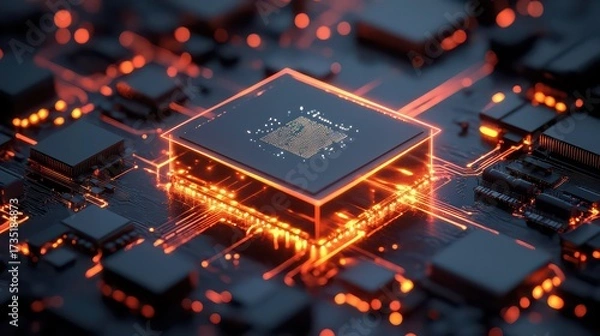 Fototapeta Close up view of a computer chip with orange glowing lines and components on a circuit board