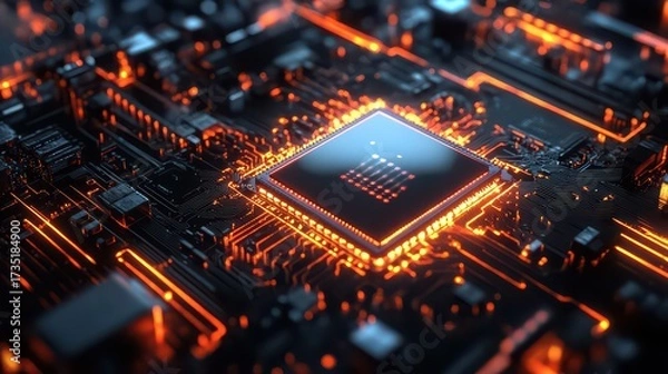 Fototapeta A close up of a glowing cpu on a dark circuit board with orange light and intricate details shown