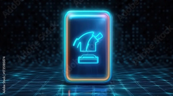 Fototapeta A glowing neon icon of a hammer and nail on a stand against a dark background with a grid floor