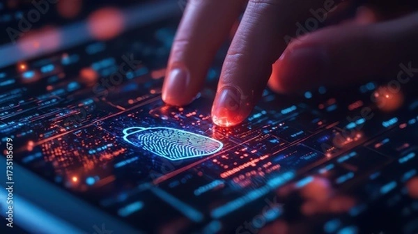 Fototapeta Finger touching glowing fingerprint icon on futuristic circuit board technology interface design