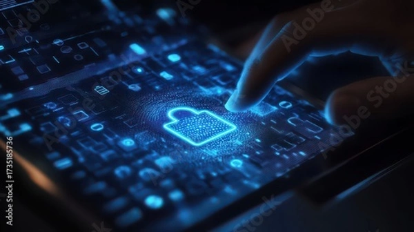 Fototapeta Finger touching glowing padlock icon on digital interface representing data security concept