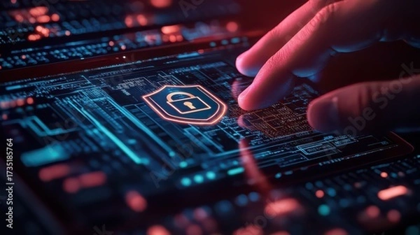 Fototapeta Hand interacting with digital shield lock on glowing circuit board for cyber security concept