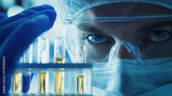 Fototapeta A scientist in protective gear examines test tubes filled with yellow liquid in a laboratory setting