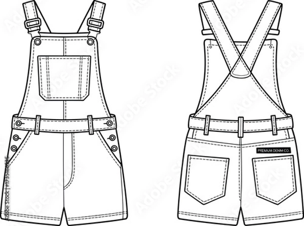 Fototapeta Flat vector denim overalls technical fashion illustration, front and back view, garment design, apparel template, clothing construction, editable outline