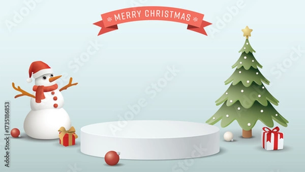 Fototapeta 3D Blank podium with Christmas elements and Merry Christmas calligraphy in red ribbon on light blue background graphic illustration.