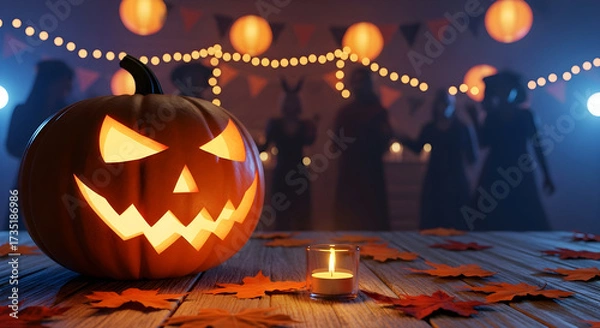 Obraz A Spooky halloween party with a glowing Jack-o'-lantern, dancing silhouettes, and festive lights at night