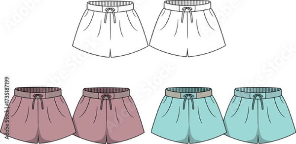 Fototapeta Flat vector illustration of casual summer shorts in multiple colors, front view, fashion apparel set for clothing design and catalog