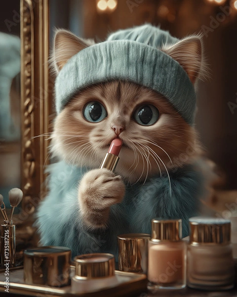 Fototapeta Illustration: A cute cat wearing fashion accessories sits on a table in front of a mirror, holding an open lipstick to apply to her lips.