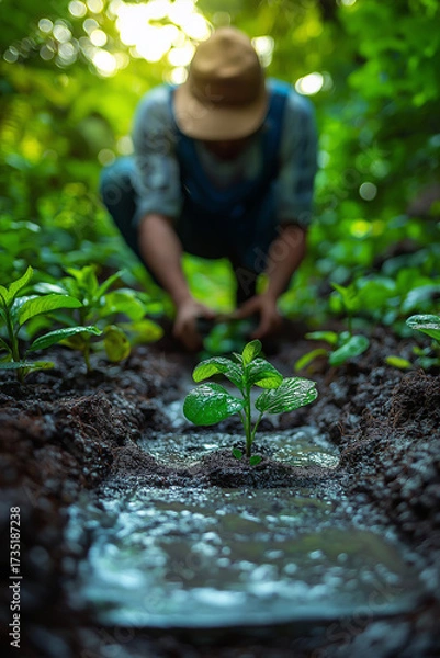 Fototapeta The young man holds a small seedling with a green leaf in the garden, symbolizing growth and new life