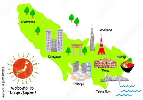 Obraz かわいい東京都の観光スポット手描きイラストマップ