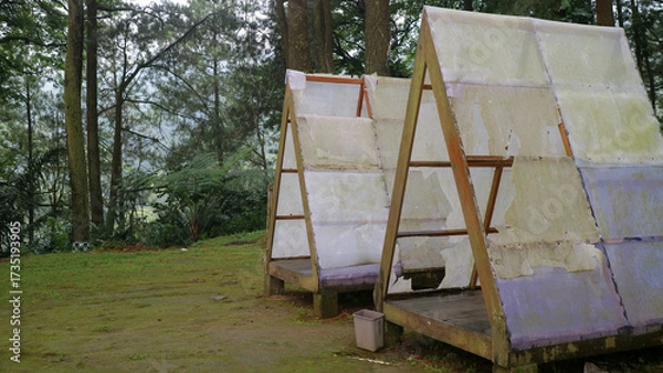 Fototapeta Rustic A Frame Tents in Forest Setting