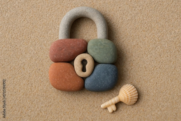 Fototapeta Colorful padlock made of smooth stones rests on sandy surface, accompanied by small seashell shaped key. scene evokes sense of tranquility and creativity