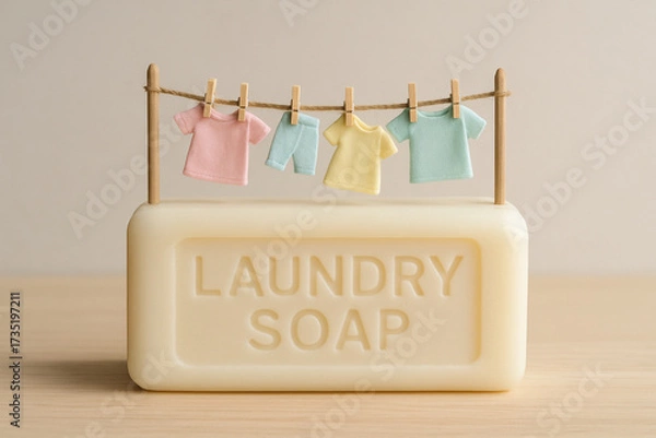 Fototapeta Soap bar with words LAUNDRY SOAP displayed prominently, featuring clothesline with miniature pastel colored shirts hanging from it. This charming composition evokes sense of cleanliness
