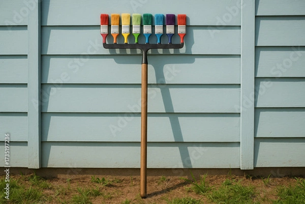 Fototapeta Colorful paintbrushes arranged on rake against light blue wooden wall create unique and artistic transformation. This creative composition showcases vibrant colors and innovative design