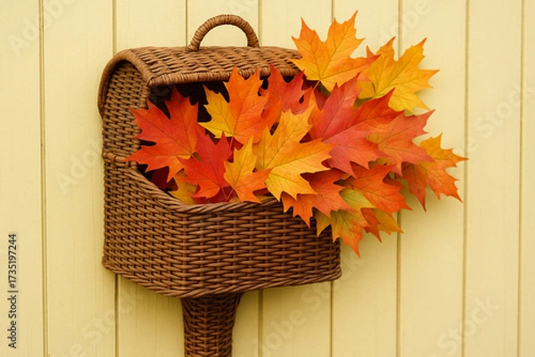 Fototapeta Wicker mailbox overflowing with vibrant autumn leaves, showcasing shades of orange and yellow against soft yellow background, evokes warm, seasonal feeling