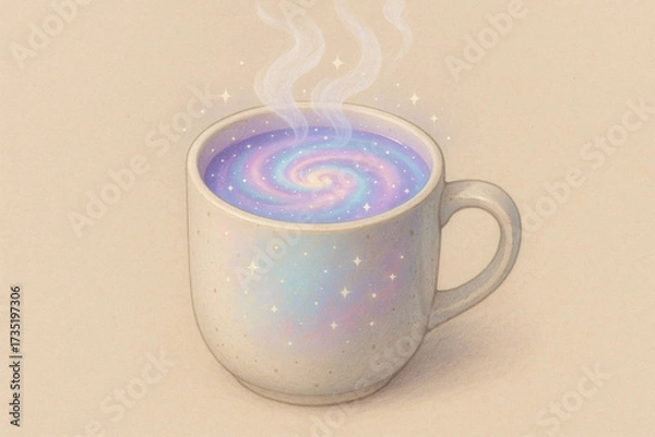 Fototapeta Whimsical cup filled with swirling galaxy colors, emitting soft steam and sparkling stars, evokes sense of magic and wonder. This enchanting scene invites imagination and creativity