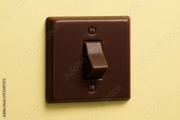 Fototapeta Chocolate colored light switch mounted on yellow wall adds warm and inviting touch to room. simple design complements various interior styles, enhancing overall aesthetic