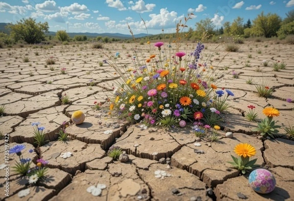 Fototapeta Parched, cracked earth is rejuvenated by seed bombs, resulting in a vibrant splash of wildflowers. Pointillism style.
