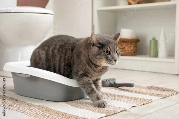 Fototapeta Cute cat using litter box in restroom