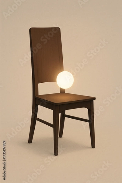 Fototapeta Wooden chair with minimalist design features glowing orb positioned on its seat, creating warm and inviting atmosphere. soft illumination enhances simplicity and elegance of chair