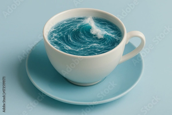 Fototapeta Whimsical teacup filled with swirling ocean waves creates captivating visual. contrast between delicate cup and powerful water evokes sense of wonder and imagination