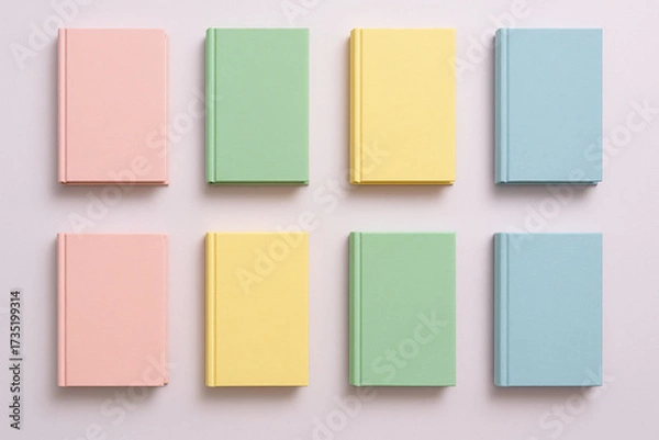 Fototapeta Pastel book arrangement featuring eight colorful books in pink, green, yellow, and blue. This simple composition creates cheerful and inviting atmosphere, perfect for any creative space