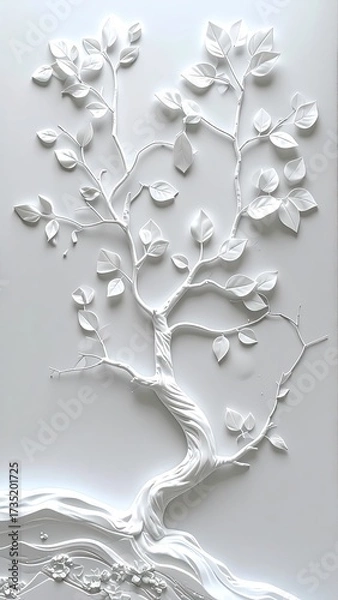 Obraz White raised floral tree relief, calming minimalist texture