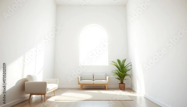 Obraz Sunlight streams into a sparsely furnished room with white walls and a single plant, airy, minimalism