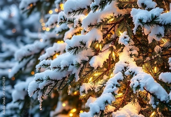 Obraz Twinkling fairy lights draped across a snow-covered evergreen tree,  winter,  holiday lights