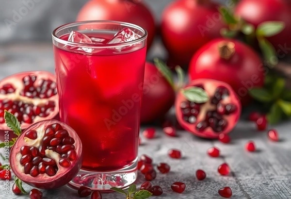 Obraz Vibrant red pomegranate juice in a glass, ice cubes, seeds,  food photography,  vitamin c