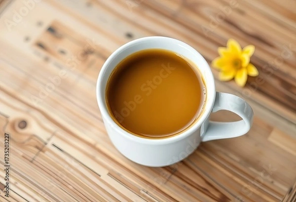 Fototapeta White ceramic coffee cup mockup on wooden table, close-up view,  ceramic,  close up