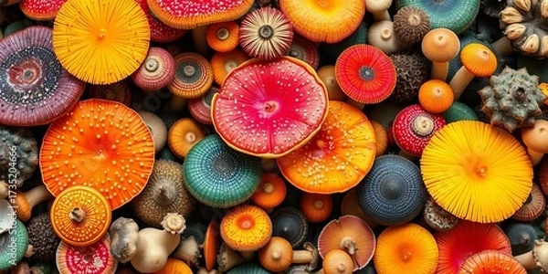 Fototapeta Vibrant array of colorful mushrooms, diverse textures and shapes,  royalty-free,  close-up